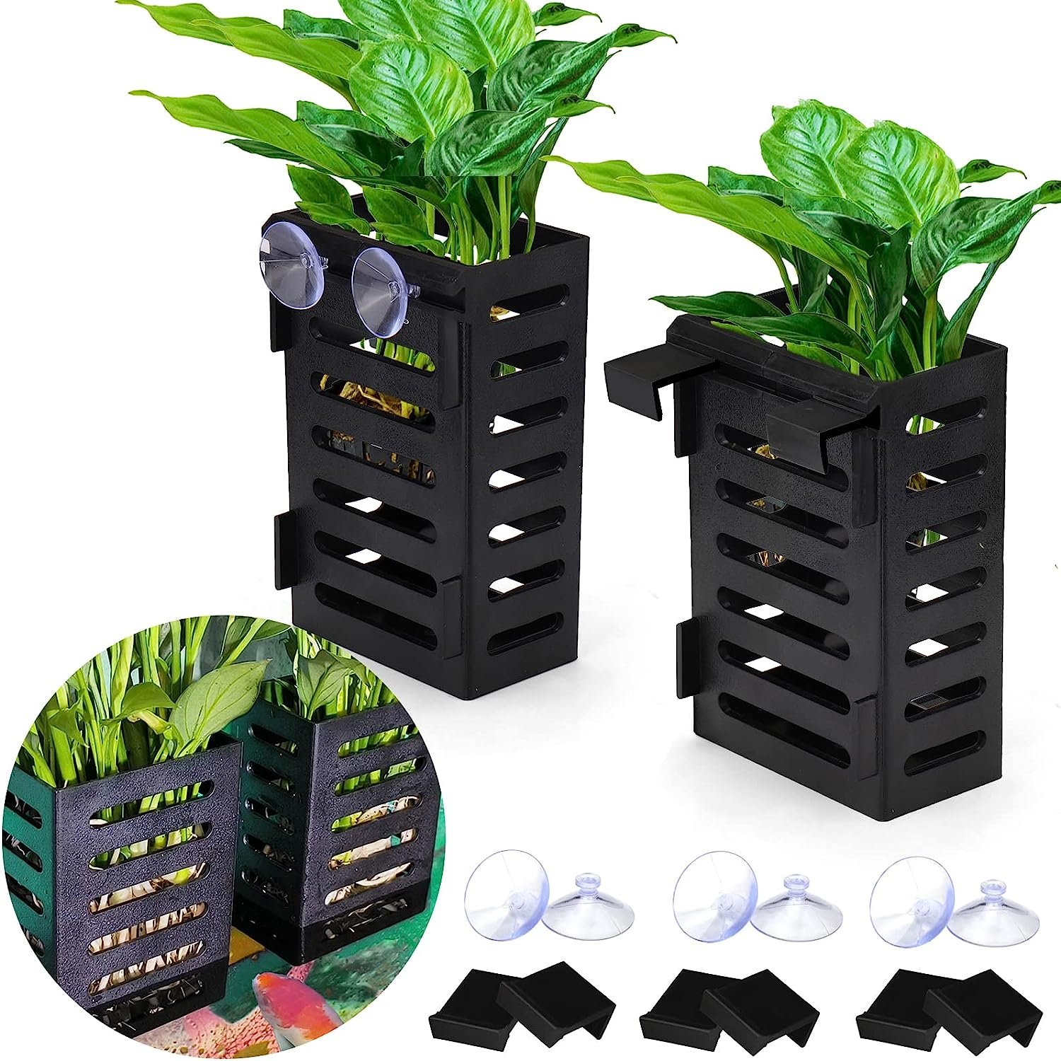 Aquarium Plant Holder with Hooks and Suction Cups, Hanging Aquatic Planter Cups for Aquarium Decorations Plants