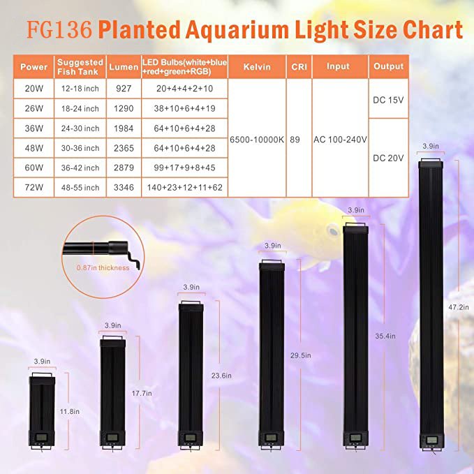 Fullgain Aquarium DIY Mode Programmable Led Light Full Spectrum Plant Fish Tank Light Lcd Display 7 Colors Sunrise Sunset Moon