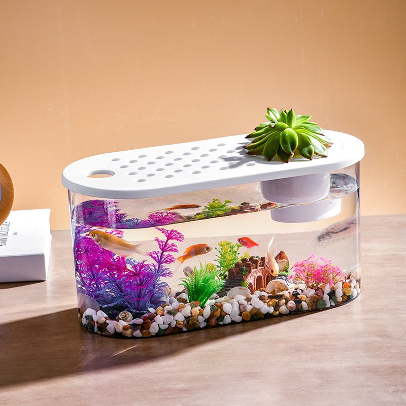Small Transparent Plastic Goldfish Tank Desktop Office Aquarium with Fall Drum Water Usage for Office Viewing for Turtle Tank