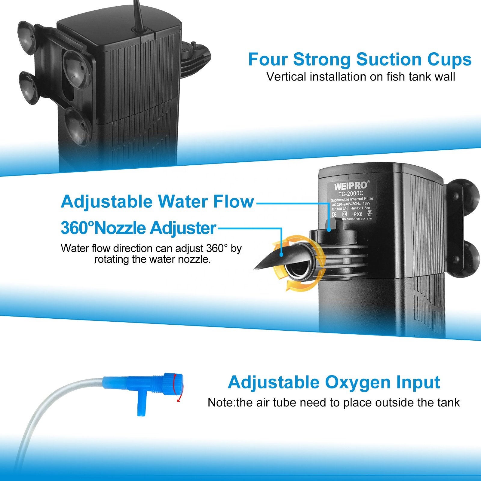 WEIPRO Large Plastic Adjustable Water Flow Internal Aquarium Filter Pump 18W Multi-Filtering Submersible Fish Tank Filter