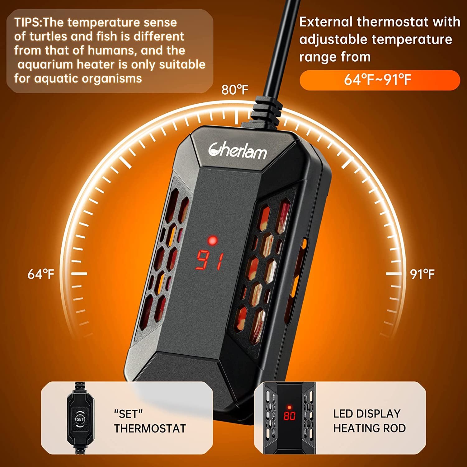 CHERLAM Aquarium Heater Digital Display Submersible Aquarium Heater 100W Heater with External Temperature Controller