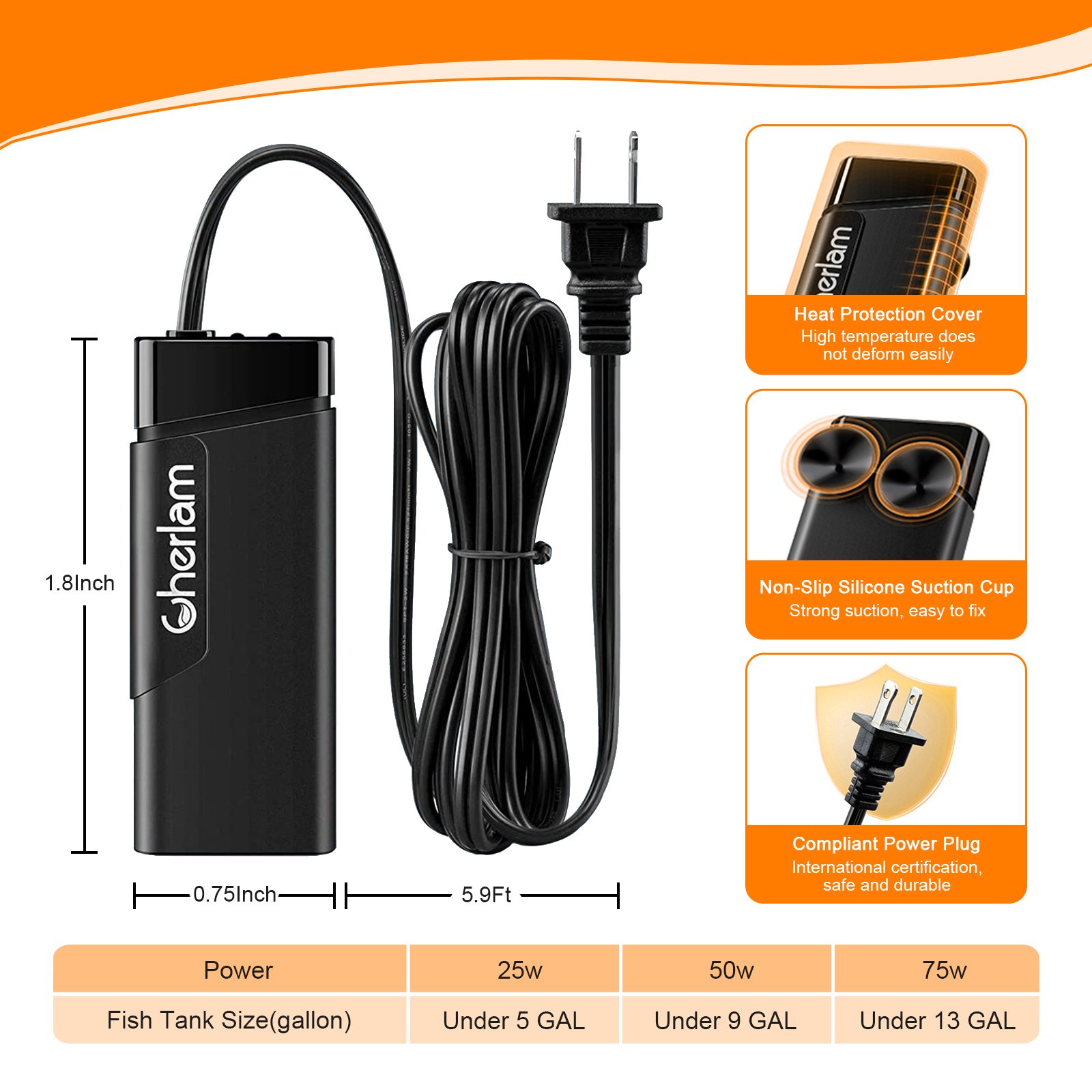 Cherlam Small Fish Tank Heater Shallow Water Turtle Tank Constant Temperature Heating Rod Factory Wholesale Aquarium Mini Heater