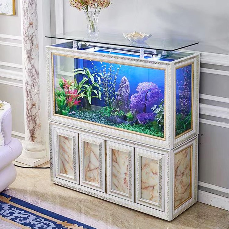 Customized large glass fresh water fish tank marine aquarium with wooden cabinet