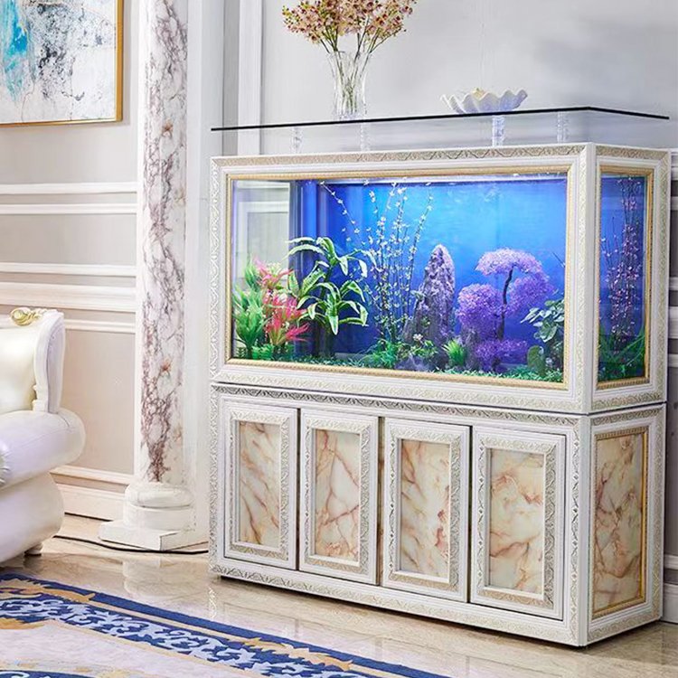 Customized large glass fresh water fish tank marine aquarium with wooden cabinet