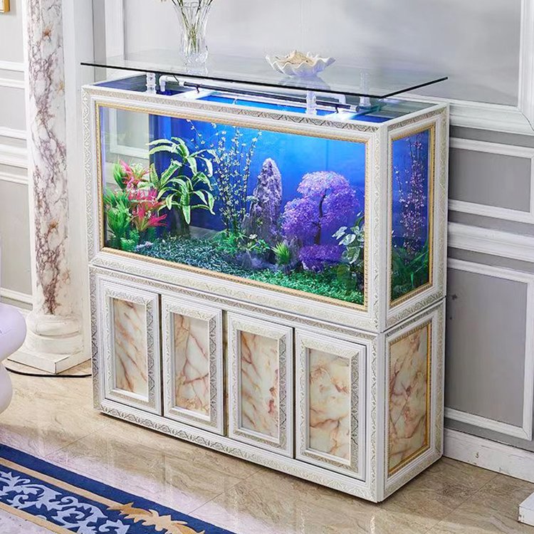 Customized large glass fresh water fish tank marine aquarium with wooden cabinet
