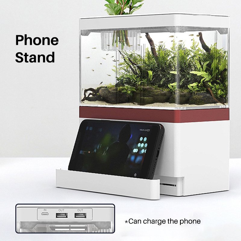 Self Cleaning MINI Acrylic Betta Fish Tank with LED Light Water Pump Filter Phone Stand Plastic Small Nano Fish Aquarium Tank