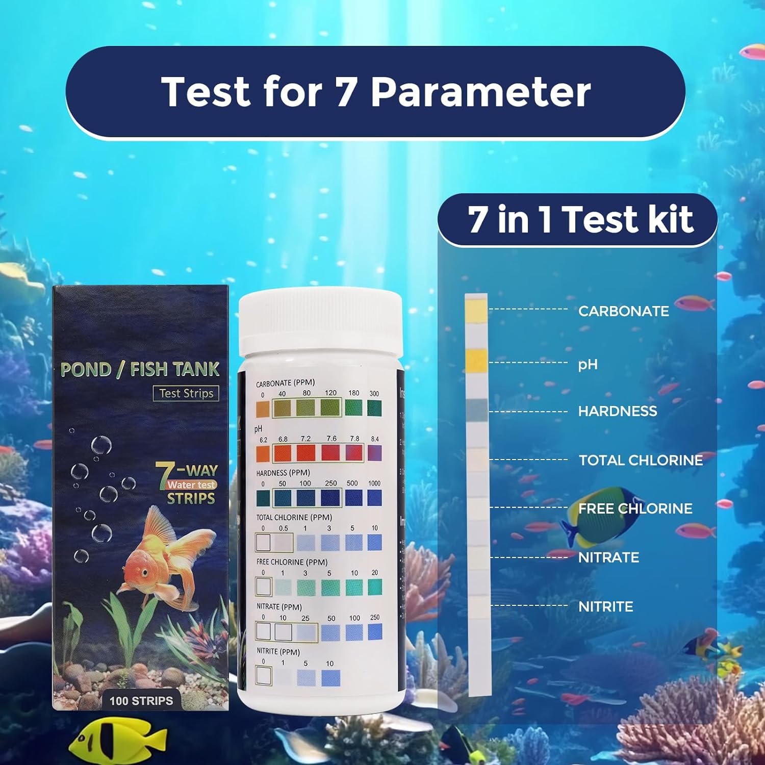 7 in 1 Aquarium Test Strips 100 Strips Fish Tank Water Quality Test Freshwater Saltwater Test Kit for