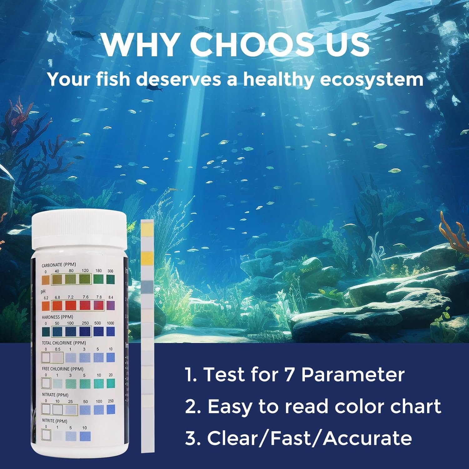 7 in 1 Aquarium Test Strips 100 Strips Fish Tank Water Quality Test Freshwater Saltwater Test Kit for
