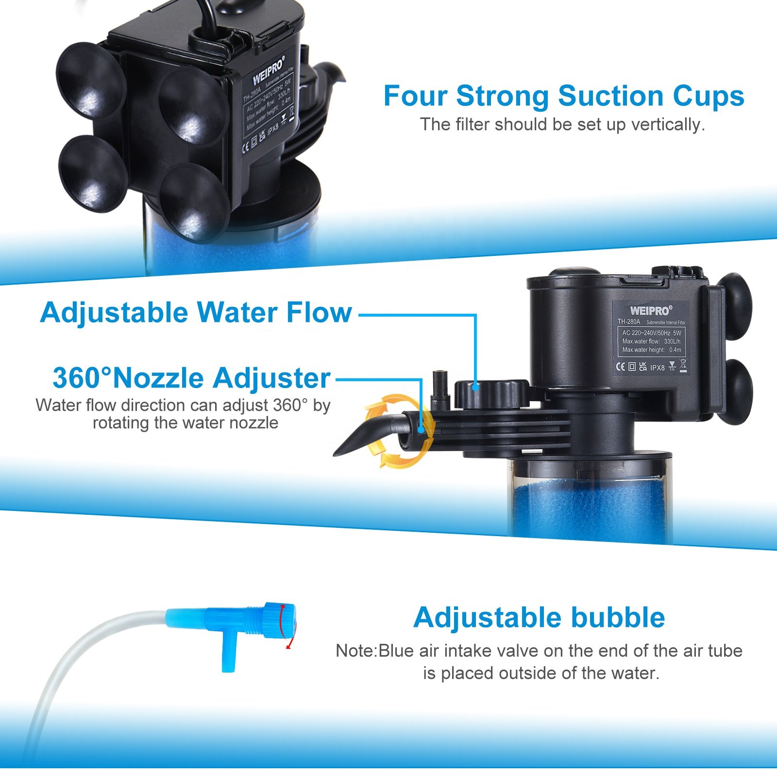 WEIPRO Small 5W Multi-Layer Submersible Fish Tank Filter, Strong Suction, Adjustable Water Flow Internal Aquarium Filter