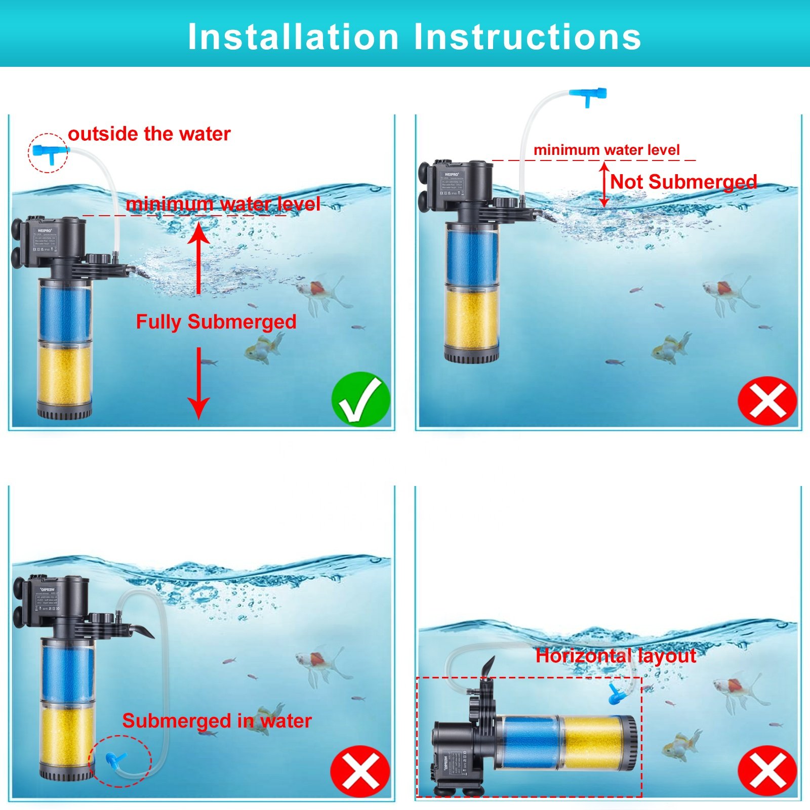 WEIPRO Small 5W Multi-Layer Submersible Fish Tank Filter, Strong Suction, Adjustable Water Flow Internal Aquarium Filter