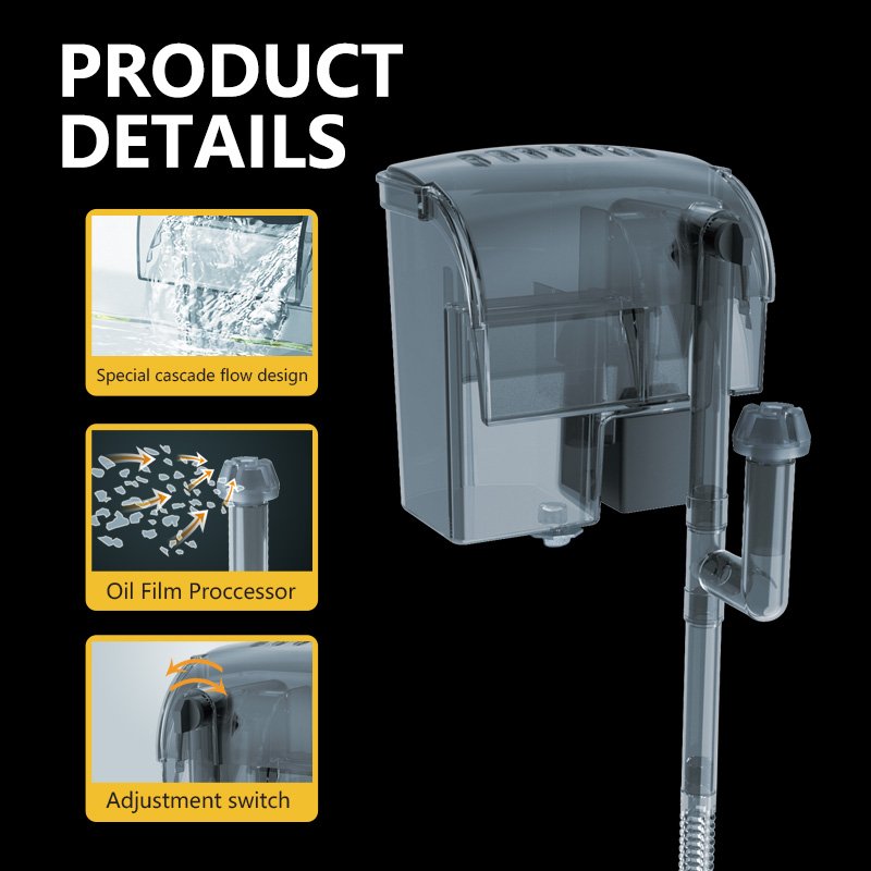 JENECA XP-606 Aquarium Hang On Filter Power Filter with Water Pump Adjustable Water Flow Oil Skimmer for Small Tank Filtration