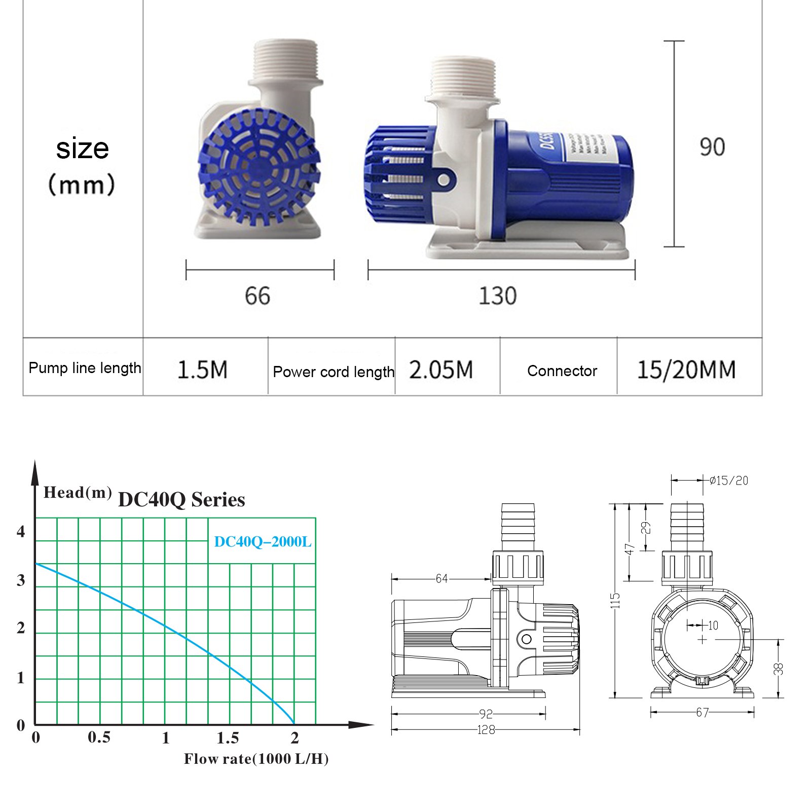 DC40Q 2000L Silent Submersible 24V Water Pump with Sine Wave Controller (20 Levels) for Aquariums, Ponds, Fountains
