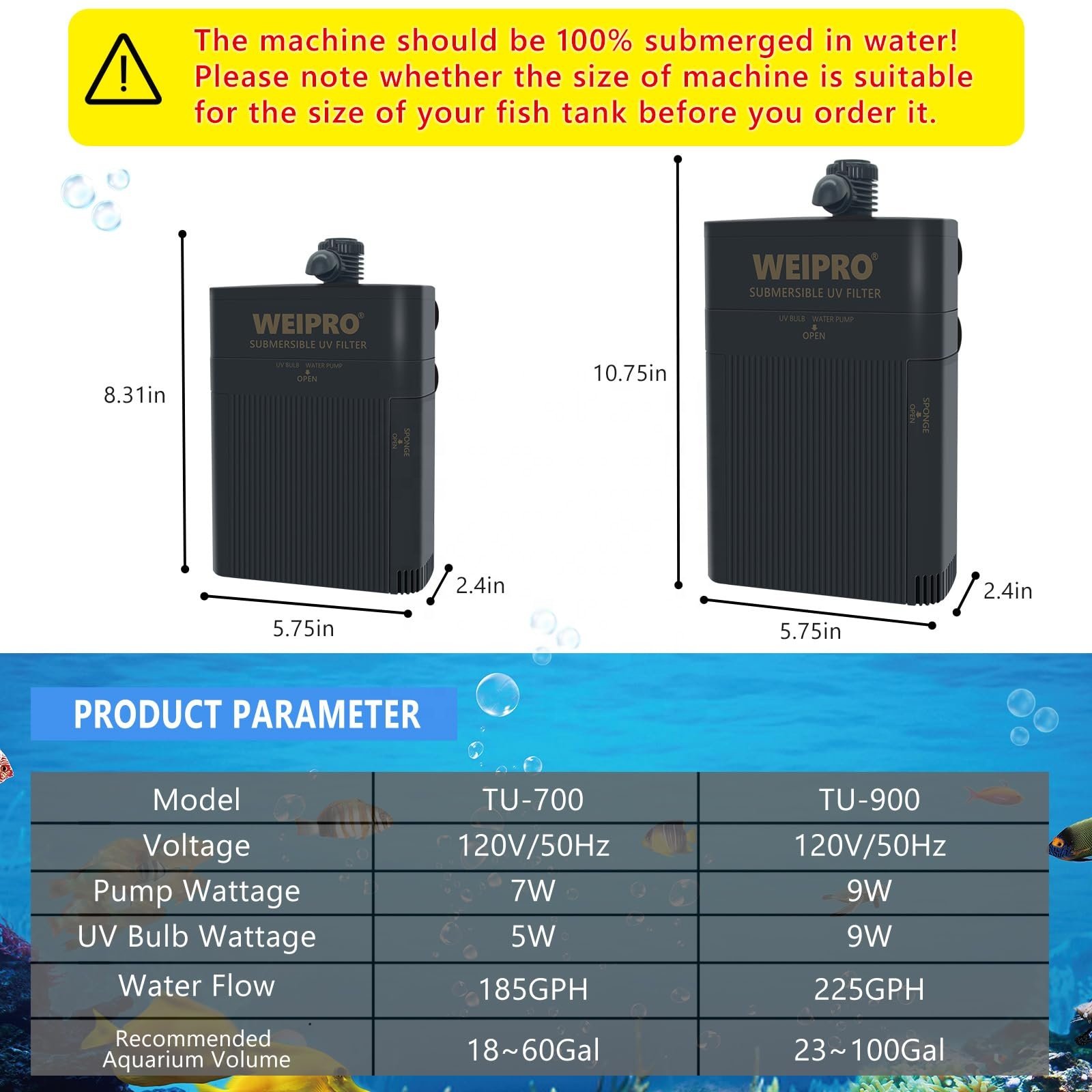 Factory Wholesale Submersible Internal 12W/18W Plastic Fish Tank UV Filter for Freshwater Saltwater Aquarium Filtration