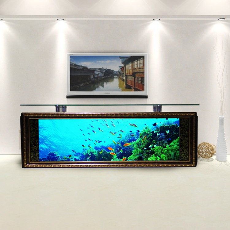 Customized large transparent cube with led lighting TV stand table display fish tank aquarium for living home