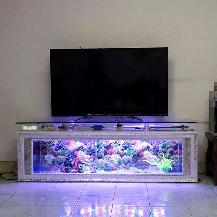Customized large transparent cube with led lighting TV stand table display fish tank aquarium for living home