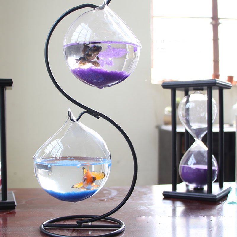 Desktop Hanging Glass Fish Tank Mini Grass Fun Fish Tank Clear Fish Cylinder Bowl Iron Stand Holder Aquarium Accessories Flower