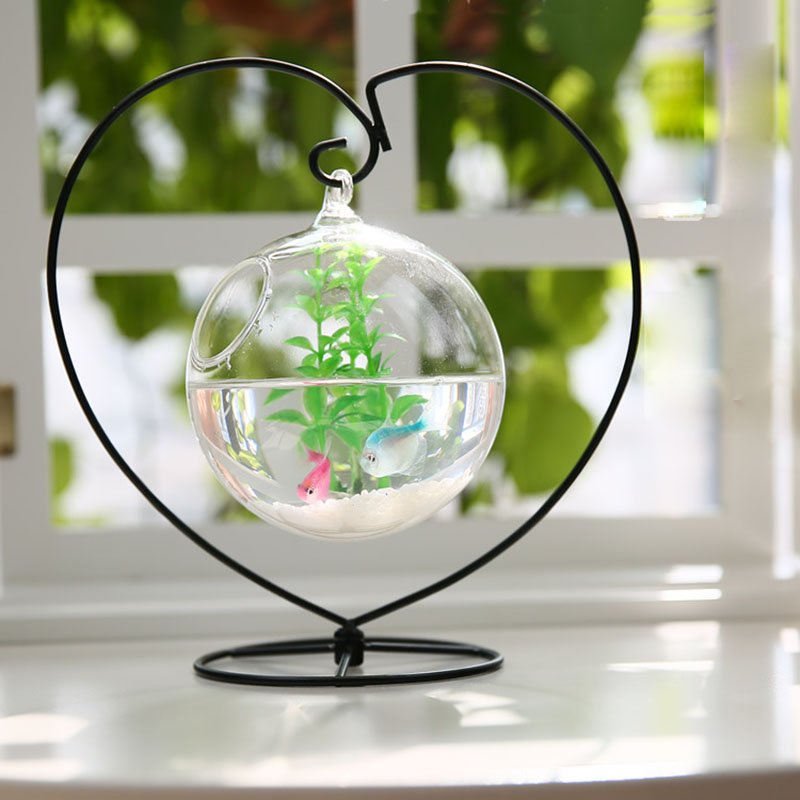 Desktop Hanging Glass Fish Tank Mini Grass Fun Fish Tank Clear Fish Cylinder Bowl Iron Stand Holder Aquarium Accessories Flower