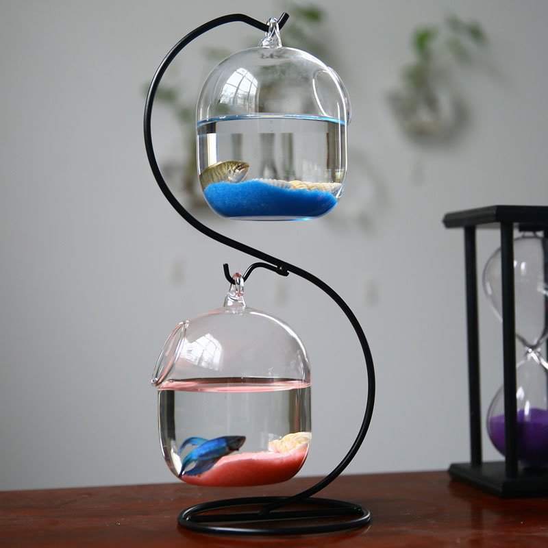 Desktop Hanging Glass Fish Tank Mini Grass Fun Fish Tank Clear Fish Cylinder Bowl Iron Stand Holder Aquarium Accessories Flower