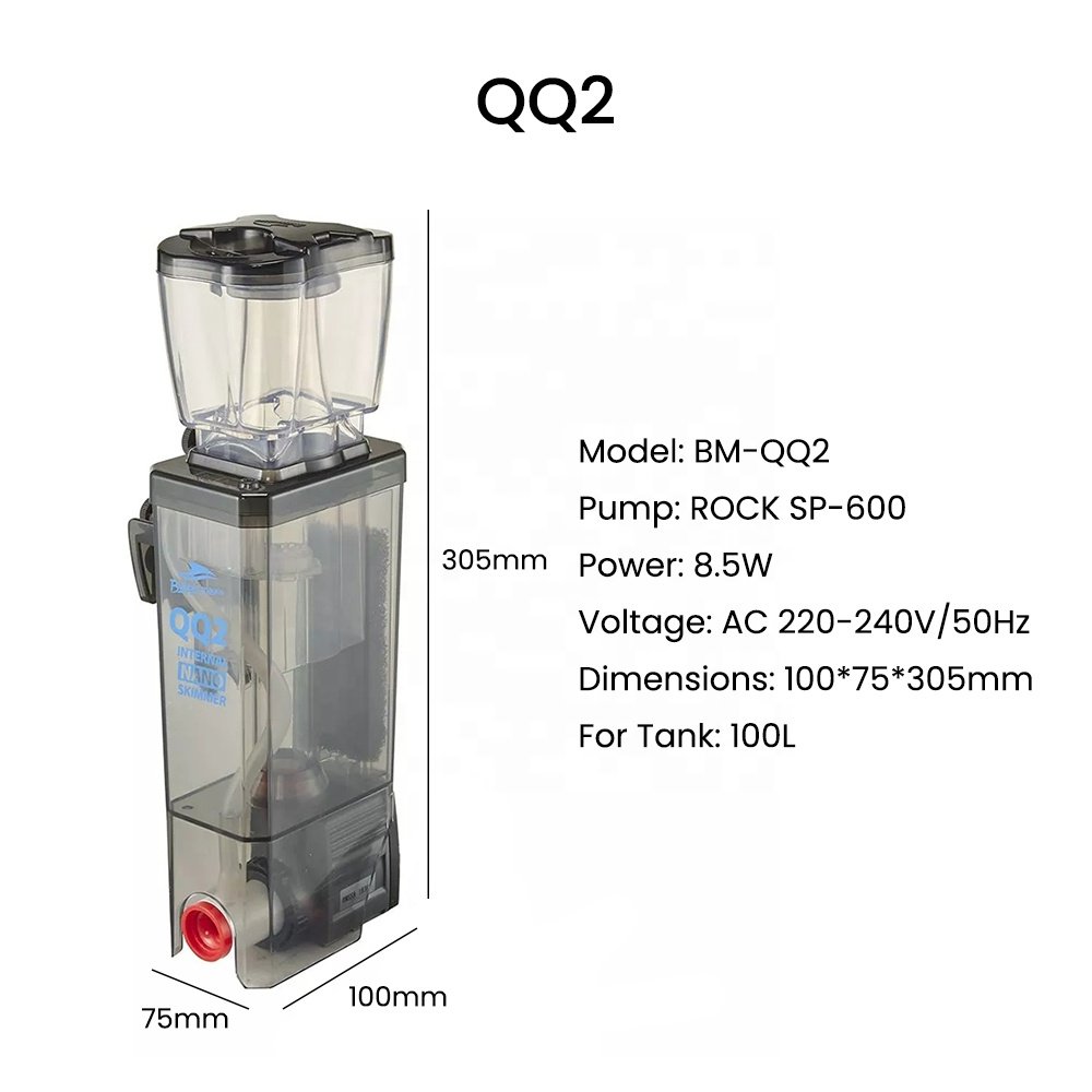 Bubble Magus QQ2/New QQ AC 220-240V Needle Wheel Impeller Aquarium Internal Protein Skimmer for Saltwater Fish Tank Up to 100L