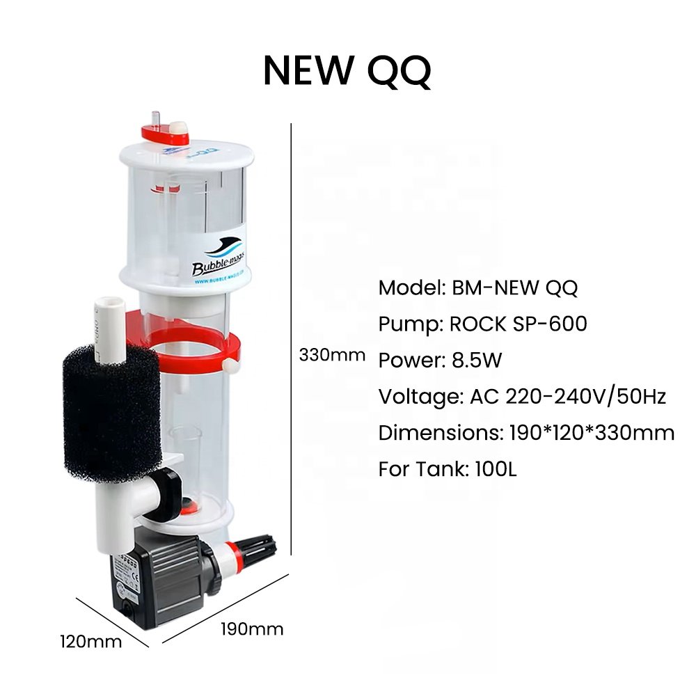 Bubble Magus QQ2/New QQ AC 220-240V Needle Wheel Impeller Aquarium Internal Protein Skimmer for Saltwater Fish Tank Up to 100L