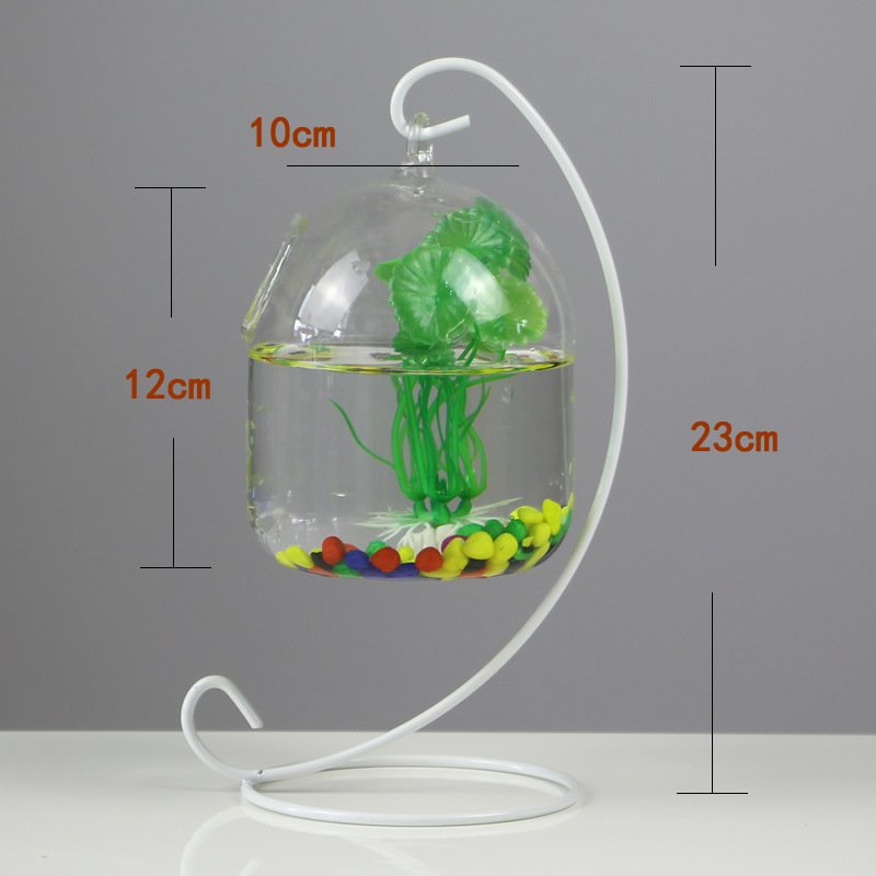 Desktop Hanging Glass Fish Tank Mini Grass Fun Fish Tank Clear Fish Cylinder Bowl Iron Stand Holder Aquarium Accessories Flower