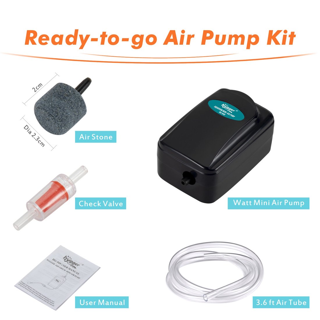 Hygger Air Pump Aquarium Small 1W for 1-20 Gallon Fish Bowl with Air Tube Air Bubbler Stone Check Valve
