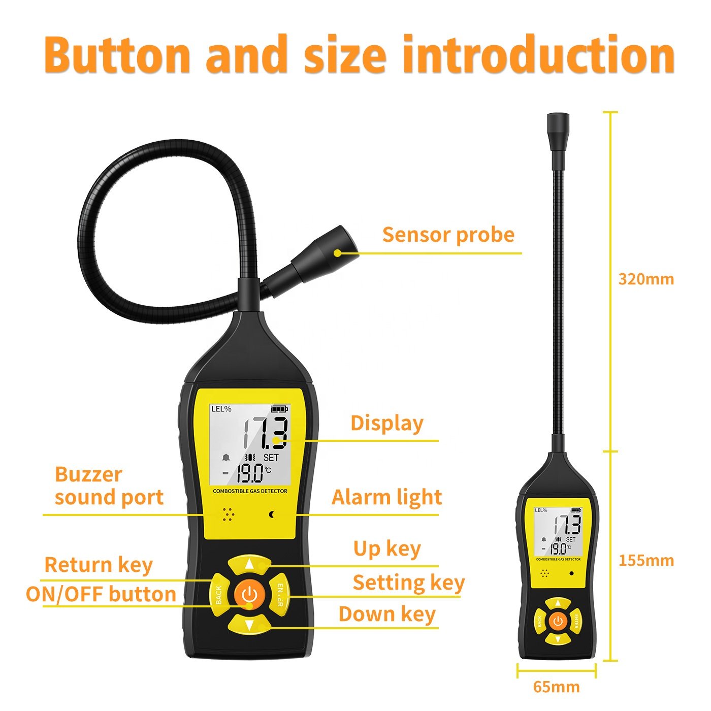 Handheld Combustible Gas Leak Detector Gas Analyzer Flammable Natural Gas Tester 0-19999 PPM 100% LEL with LCD Color Display