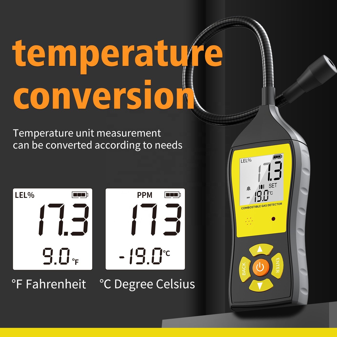Handheld Combustible Gas Leak Detector Gas Analyzer Flammable Natural Gas Tester 0-19999 PPM 100% LEL with LCD Color Display