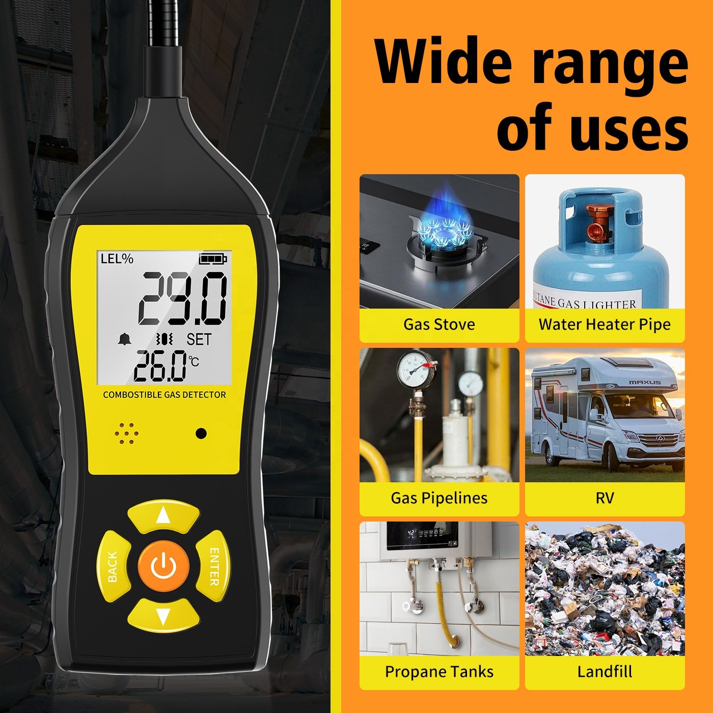 Handheld Combustible Gas Leak Detector Gas Analyzer Flammable Natural Gas Tester 0-19999 PPM 100% LEL with LCD Color Display