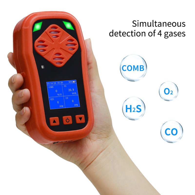 Portable Multi Gas Detector 4-Gas Monitor (LEL, O2, CO, H2S), Rechargeable Battery, Biogas Analyzer