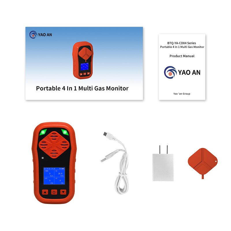 Portable Multi Gas Detector 4-Gas Monitor (LEL, O2, CO, H2S), Rechargeable Battery, Biogas Analyzer