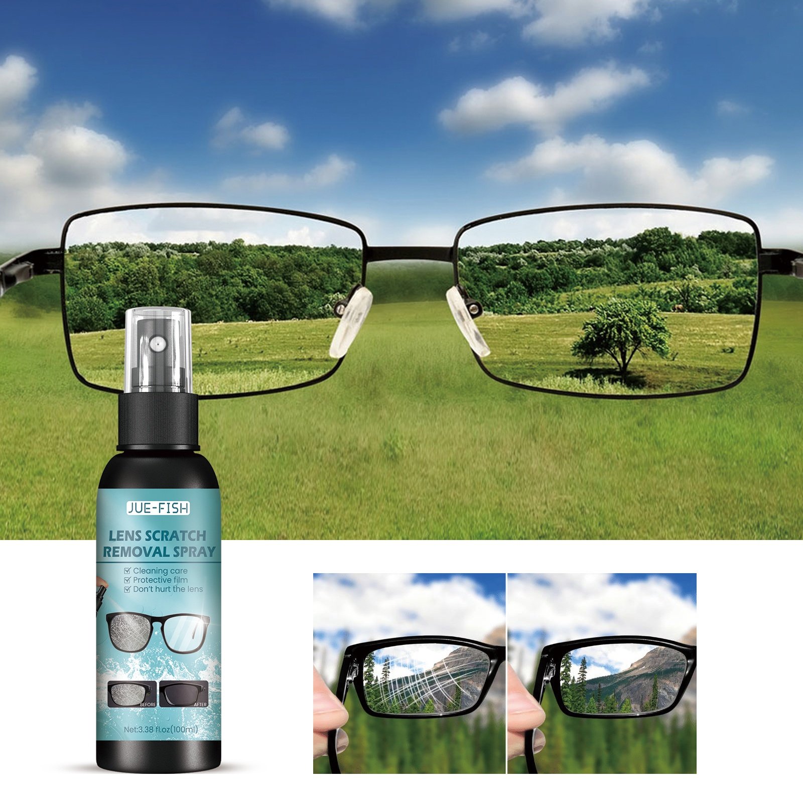 Jue-Fish Easy to Use Repair Scratches Protective Film Mild Harmless Eyeglass Cleaning Solution Lens Scratch Removal Spray