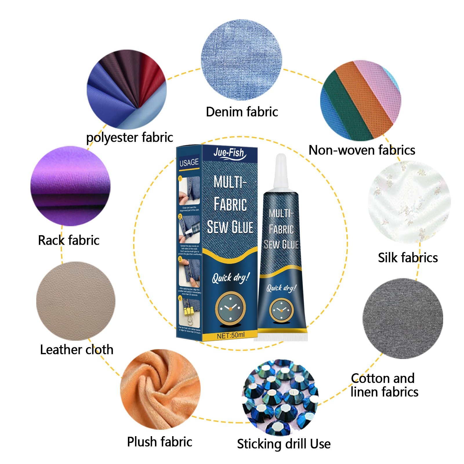 Jue-Fish Effective Quick Dry Printed Pants Insoles Jeans Fabric Ripped Repair Glue For Clothing Adhesive Multi-Fabric Sew Glue