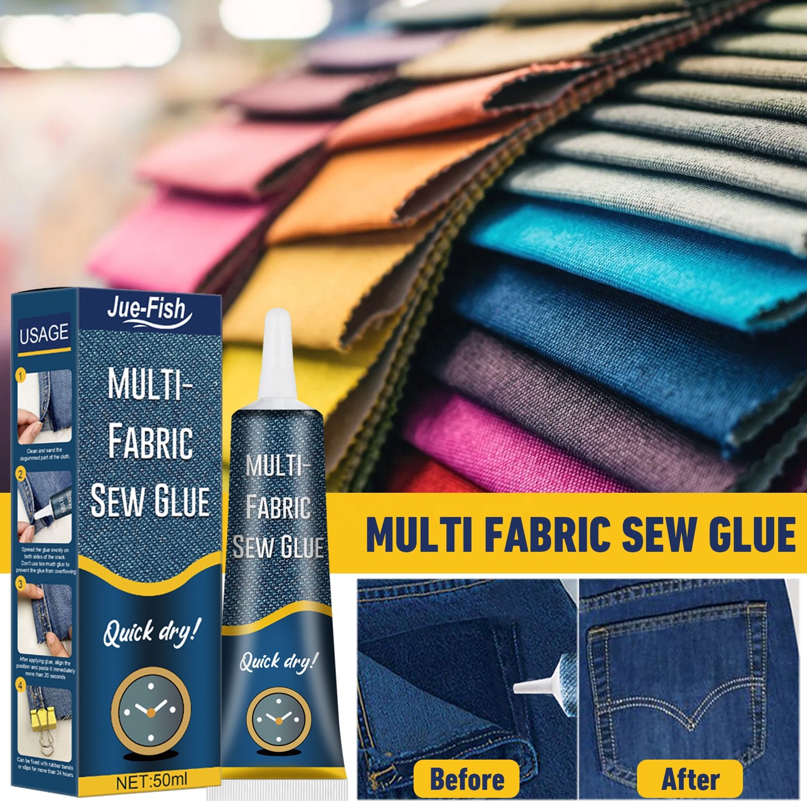 Jue-Fish Effective Quick Dry Printed Pants Insoles Jeans Fabric Ripped Repair Glue For Clothing Adhesive Multi-Fabric Sew Glue