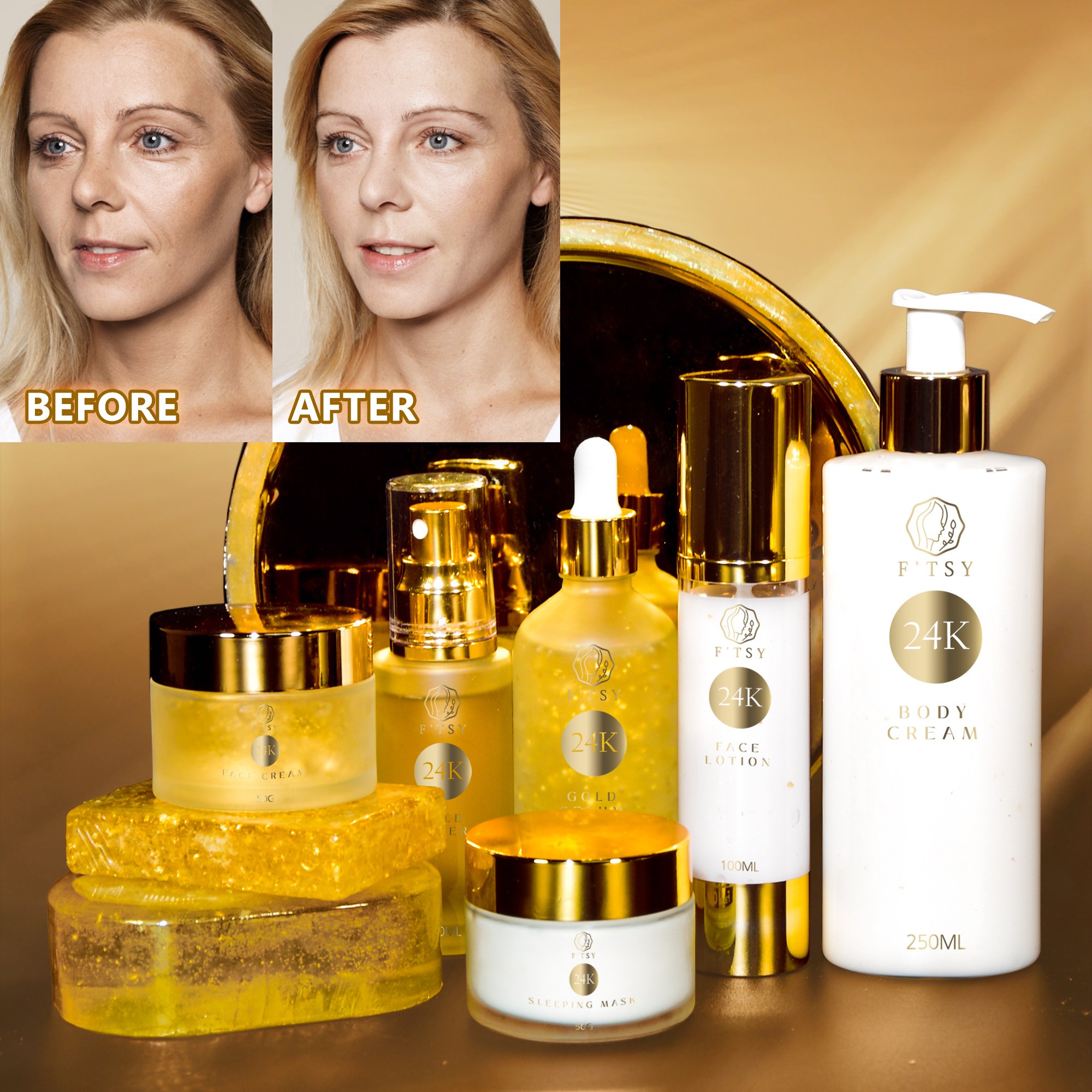 Whitening 24K Gold Skin Care Set 24K Gold Soap Body Lotion Face Lotion Serum Cream Gold foil Toner