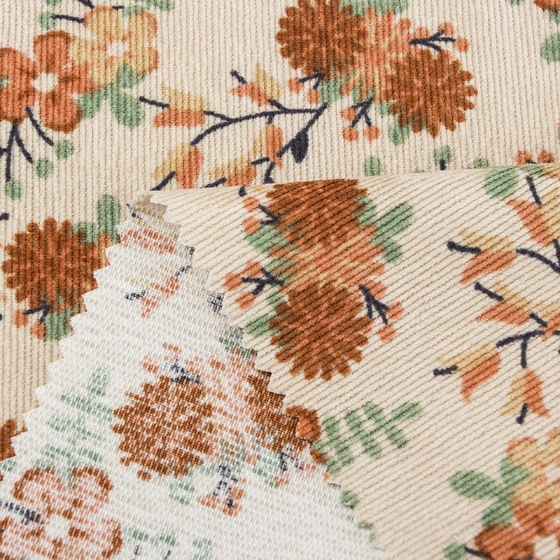 New Fashion Soft Fleece, Polyester Raw Material Stretch Stripe Design Floral Printed 21W Corduroy Velvet Fabric For Sewing/