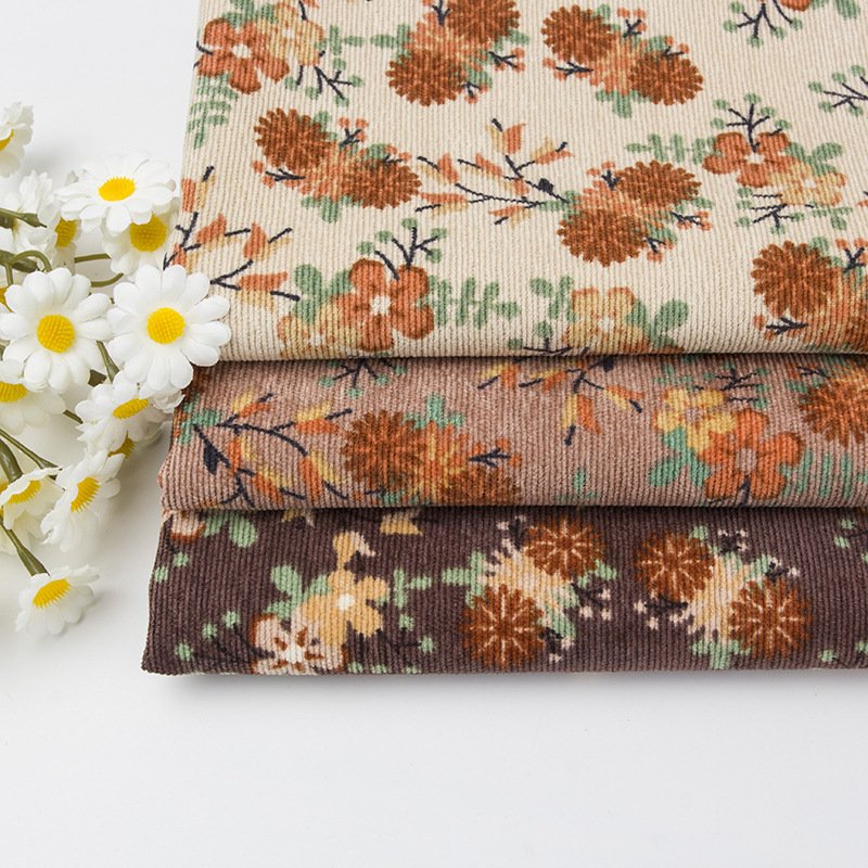 New Fashion Soft Fleece, Polyester Raw Material Stretch Stripe Design Floral Printed 21W Corduroy Velvet Fabric For Sewing/