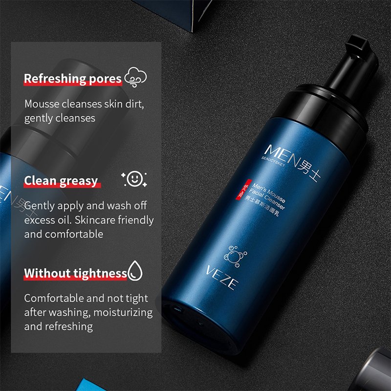 OEM VEZE Private Label Men's Mousse Facial Cleanser Deep Cleansing Control Refreshing Pores