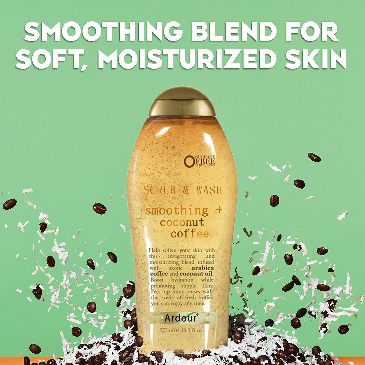 Smoothing Coconut Coffee Exfoliating Body Scrub with Arabica Coffee & Coconut Oil, Moisturizing Body Wash for Dry Skin