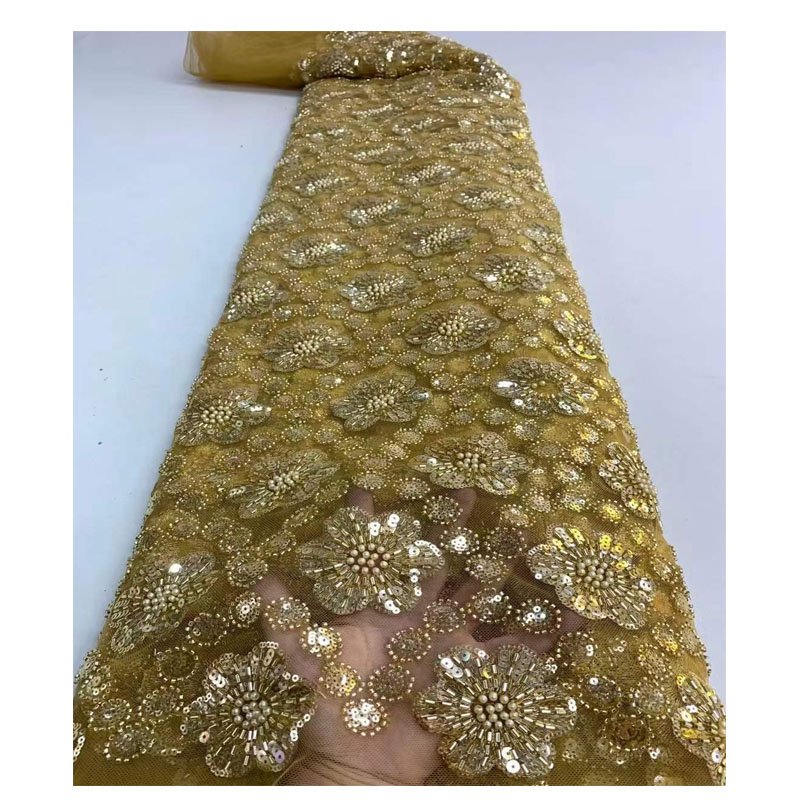 New heavy handmade evening wedding bridal party dress use net beads sequin embroidery lace fabric