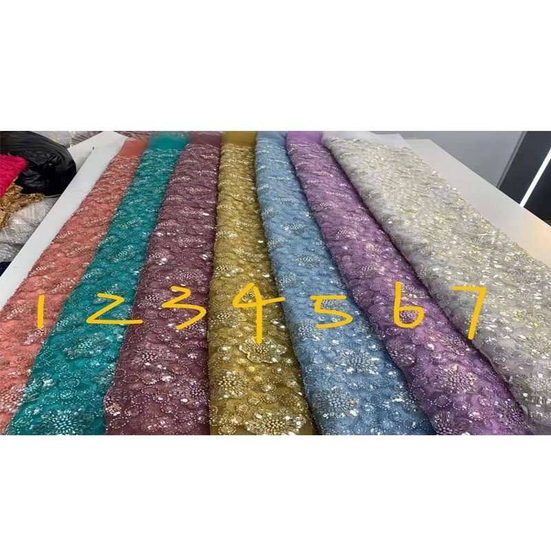 New heavy handmade evening wedding bridal party dress use net beads sequin embroidery lace fabric