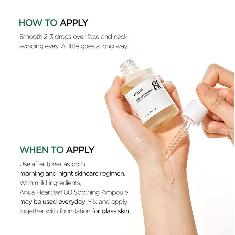 Sanlivna Hearleaf 80% Moisture Soothing Ampoule Calms and soothes skin 30ml Essence Facial Soothing Sensitive Skin serum oil