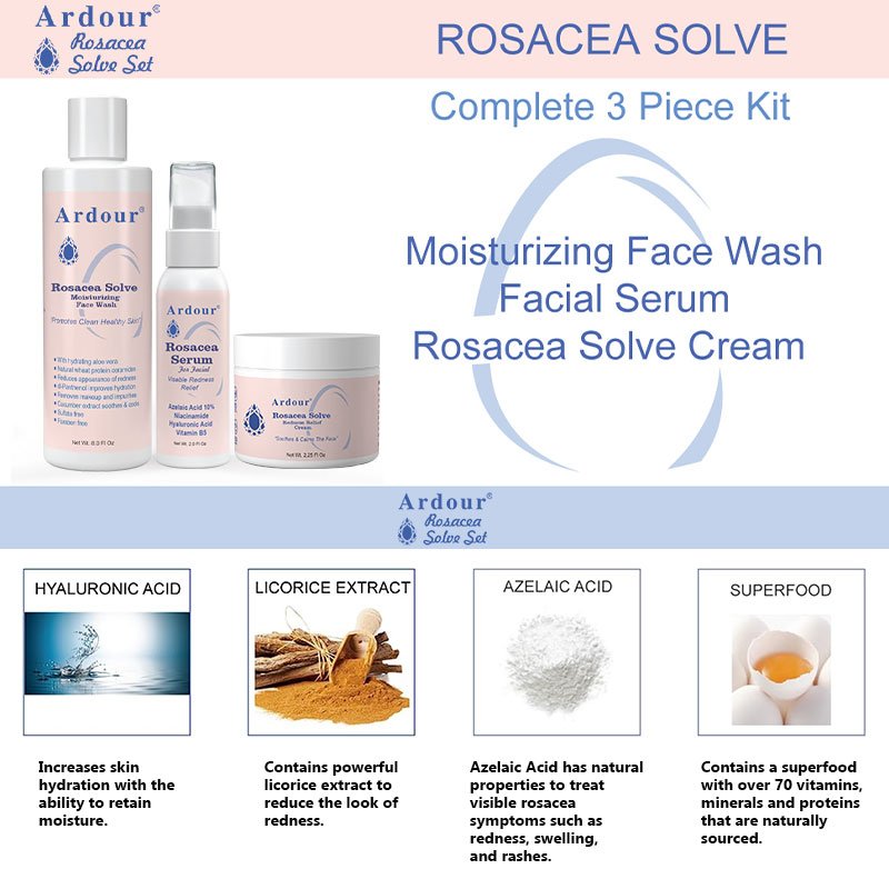 OEM skin care set ncludes Rosacea Cream, Serum and Moisturizing Face Wash Rosacea Solve Set Chamomile Extracts and Vitamin B5