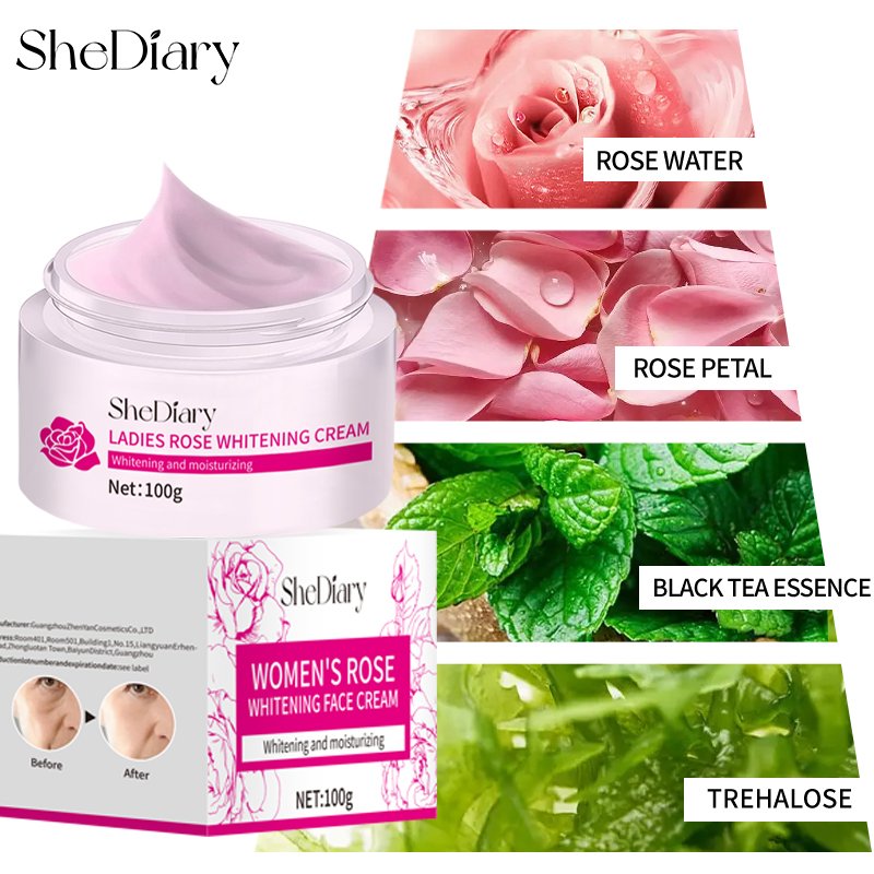 SheDiary Rose Face Skin Lightening Dark Spot Cream Natural Brightening Nicotinamide Skin Whitening Facial Care Cream