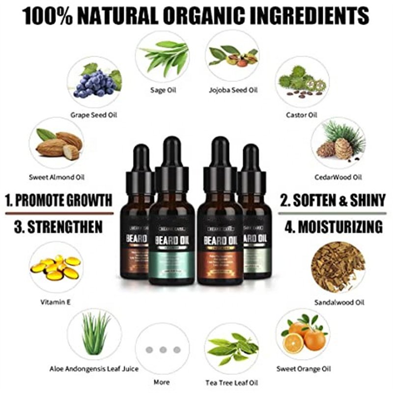 Wholesale Custom Private Label 4 Pack Beard Oil Set Leave In Conditioner For Men Mustaches Growth Soften Oil