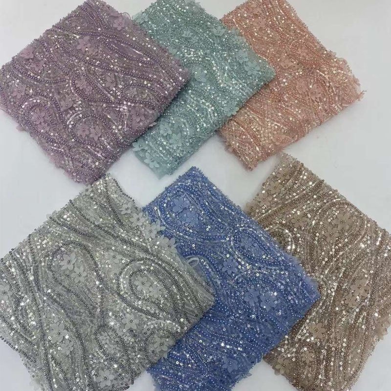 Wholesale Swarovski Crystals Lace Embroidery Tulle Embroidery Fabric Silver for Veil Wedding
