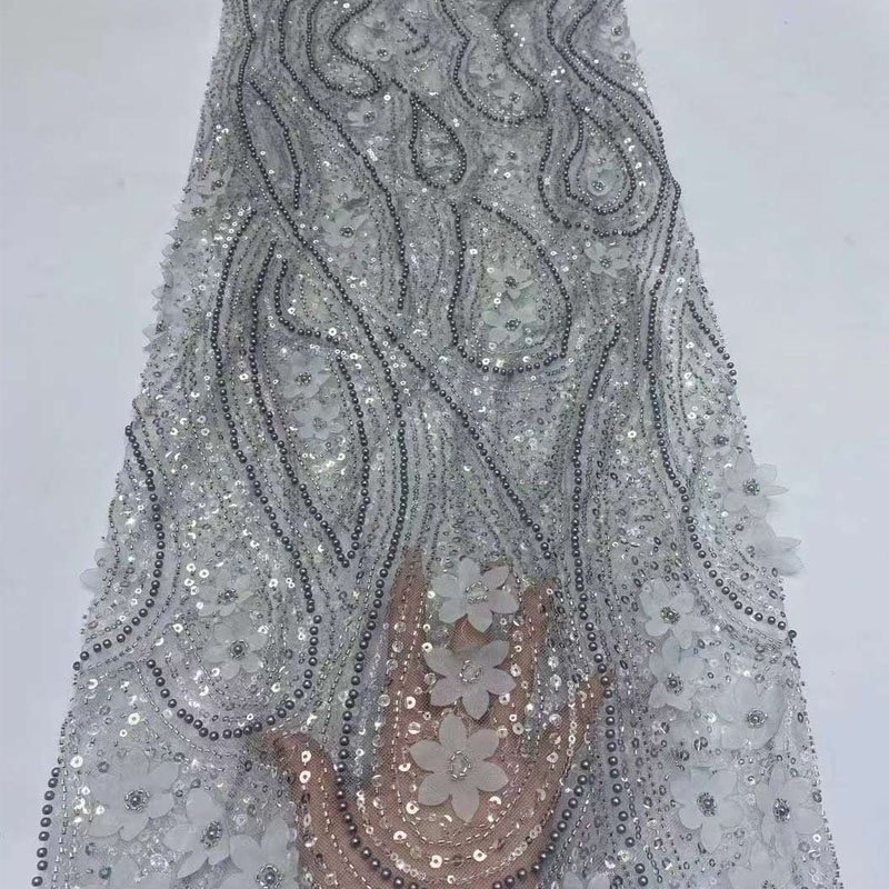 Wholesale Swarovski Crystals Lace Embroidery Tulle Embroidery Fabric Silver for Veil Wedding