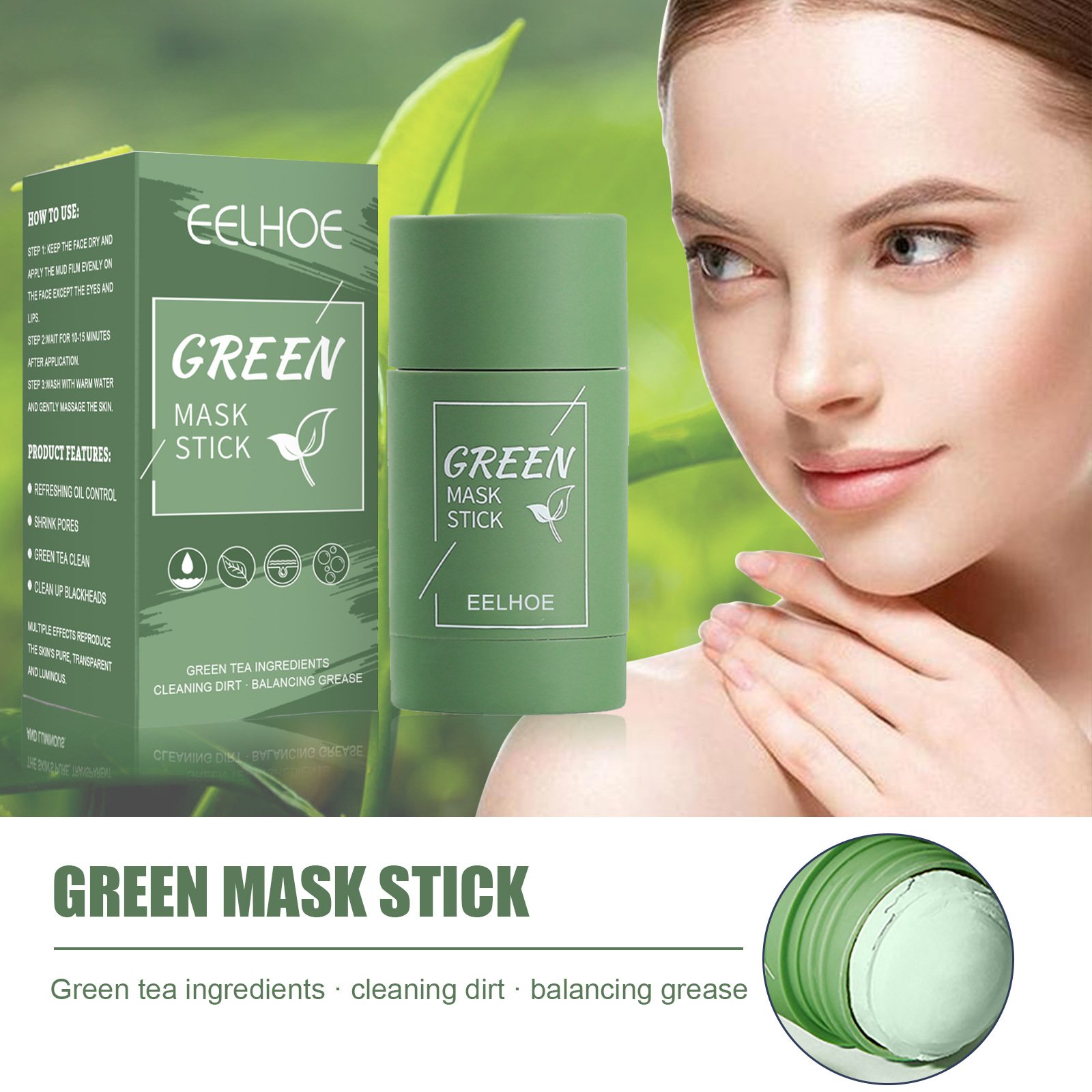 private label OEM Green Tea Solid Mask Deep Cleansing Hydrating Mask Stick Pore Shrinking Blackhead Removal Spreadable Mud Mask