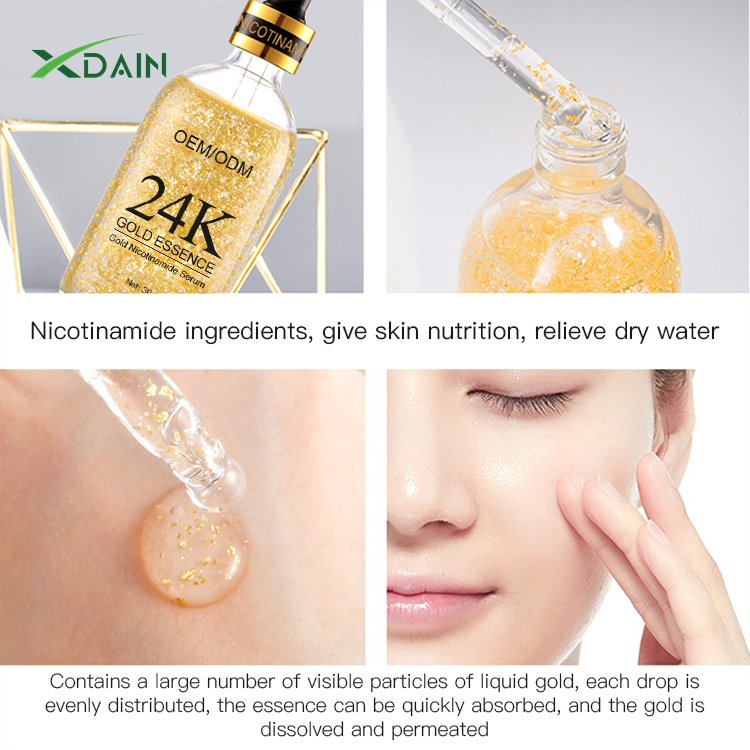 Private Label 24K Gold Face Serum Facial Whitening Smooth Wrinkles Anti-Aging Skin Care Peptides Niacinamide Serum