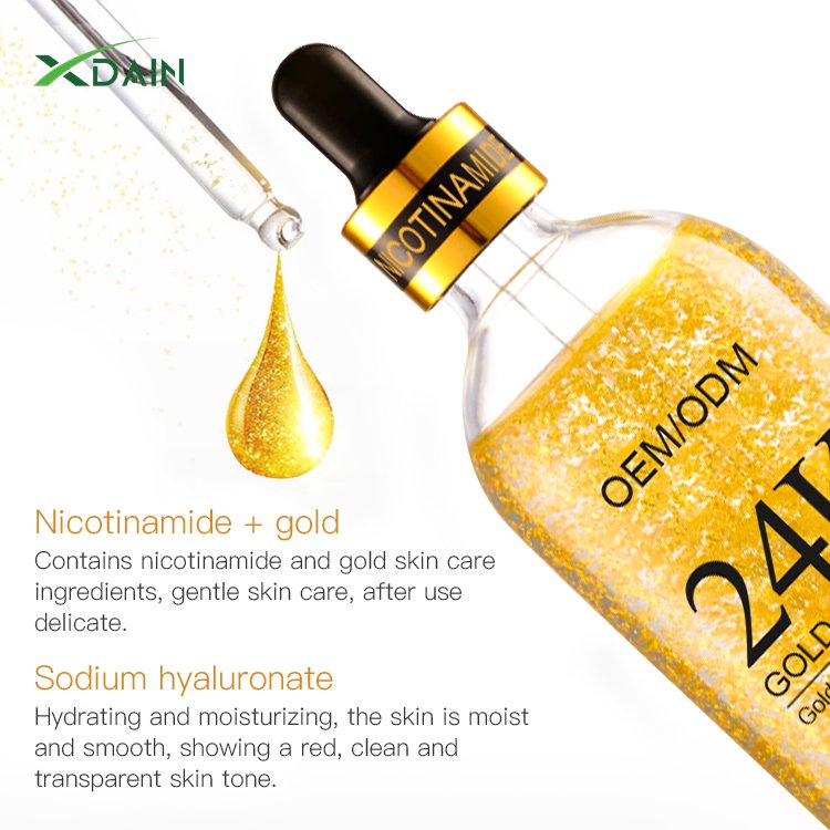 Private Label 24K Gold Face Serum Facial Whitening Smooth Wrinkles Anti-Aging Skin Care Peptides Niacinamide Serum